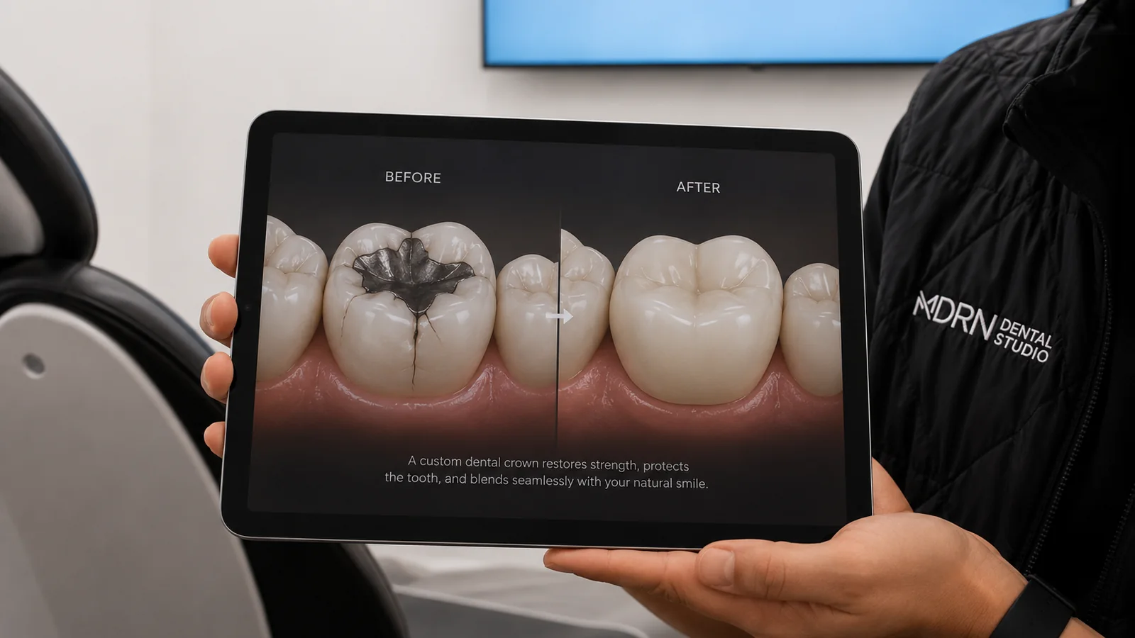 MDRN Dental Studio team member showing a before-and-after dental crown comparison on a tablet